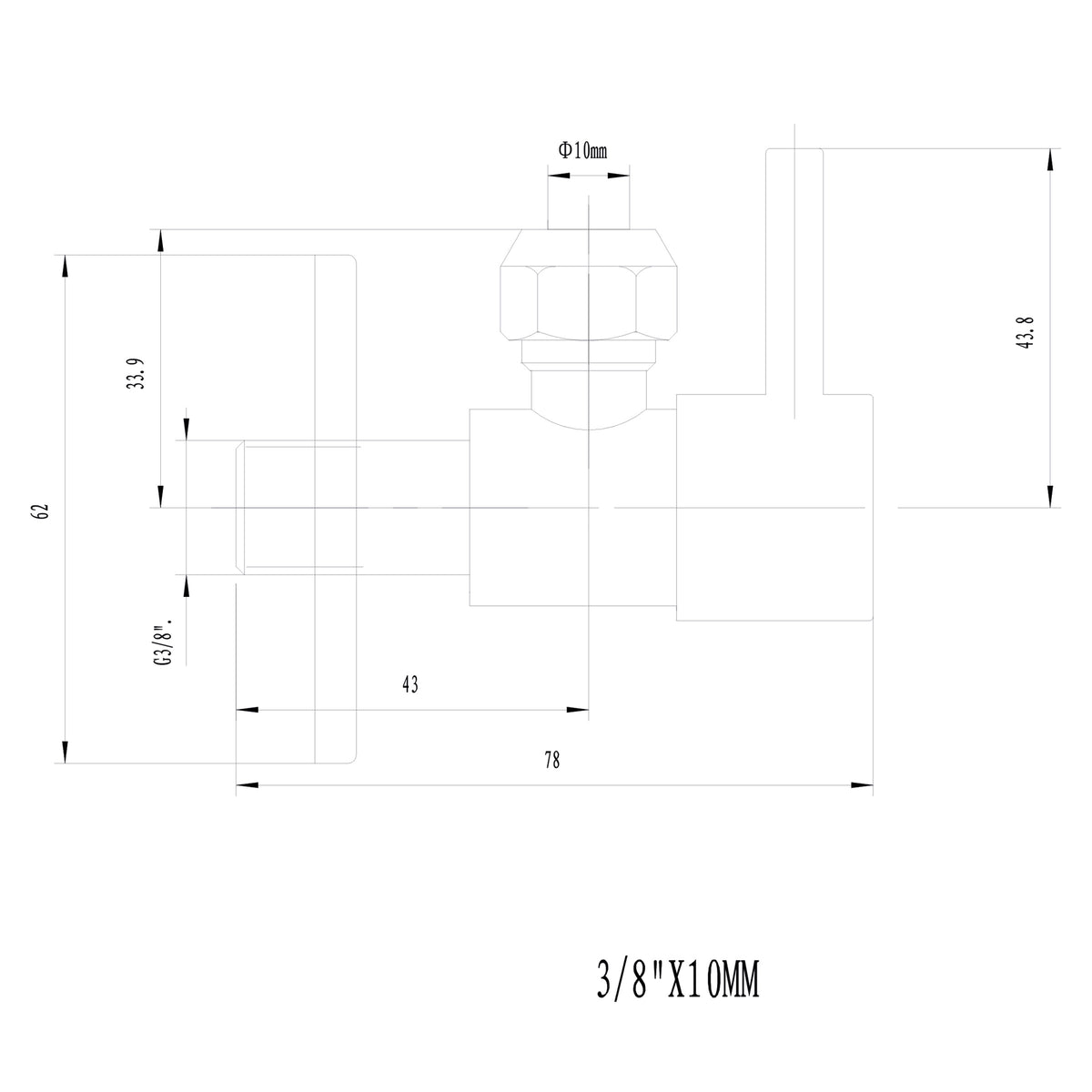 Maattekening Minimal hoekstopkraan 3/8" x 3/8" of knel 10mm Geborsteld brons koper PVD