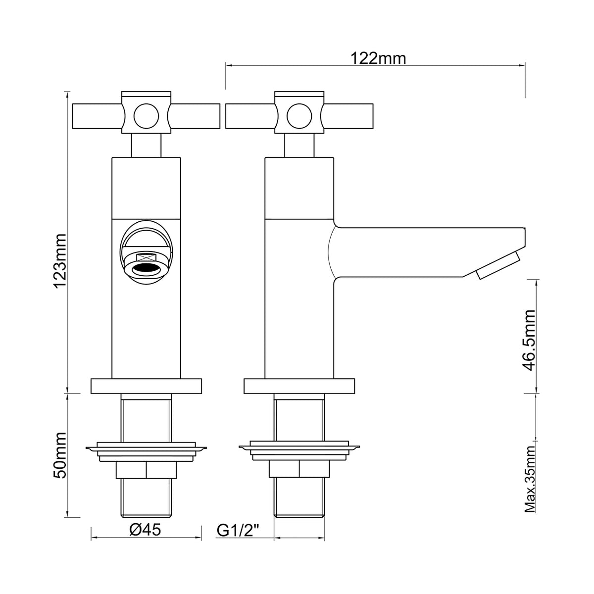 Maattekening Asmaro fonteinkraan met KIWA-keurmerk 1/2" Chroom