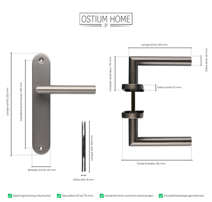 Maattekening van deurklink Torino in gun metal