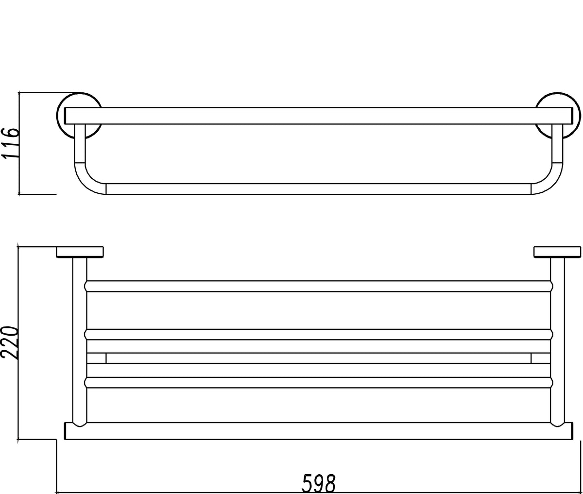 Lijntekening 304 handdoekhouder met planchet 60cm RVS
