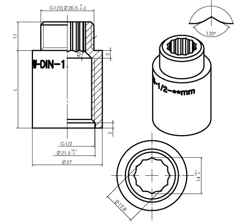 Lijntekening Kraanverlengkoppeling 1/2 x 20 chroom