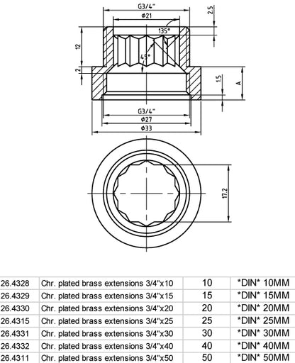 Lijntekening Kraanverlengkoppeling 3/4 x 25 chroom