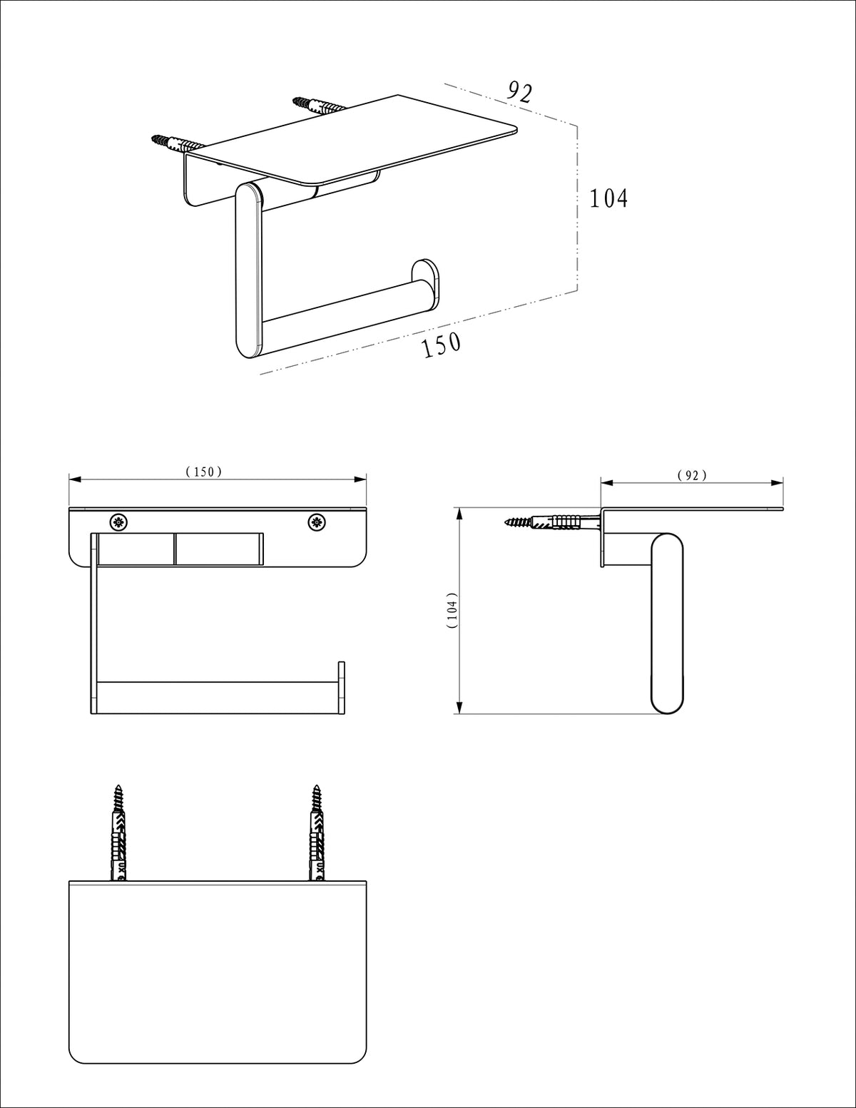 Lijntekening Alonzo toiletrolhouder met planchet gunmetal PVD
