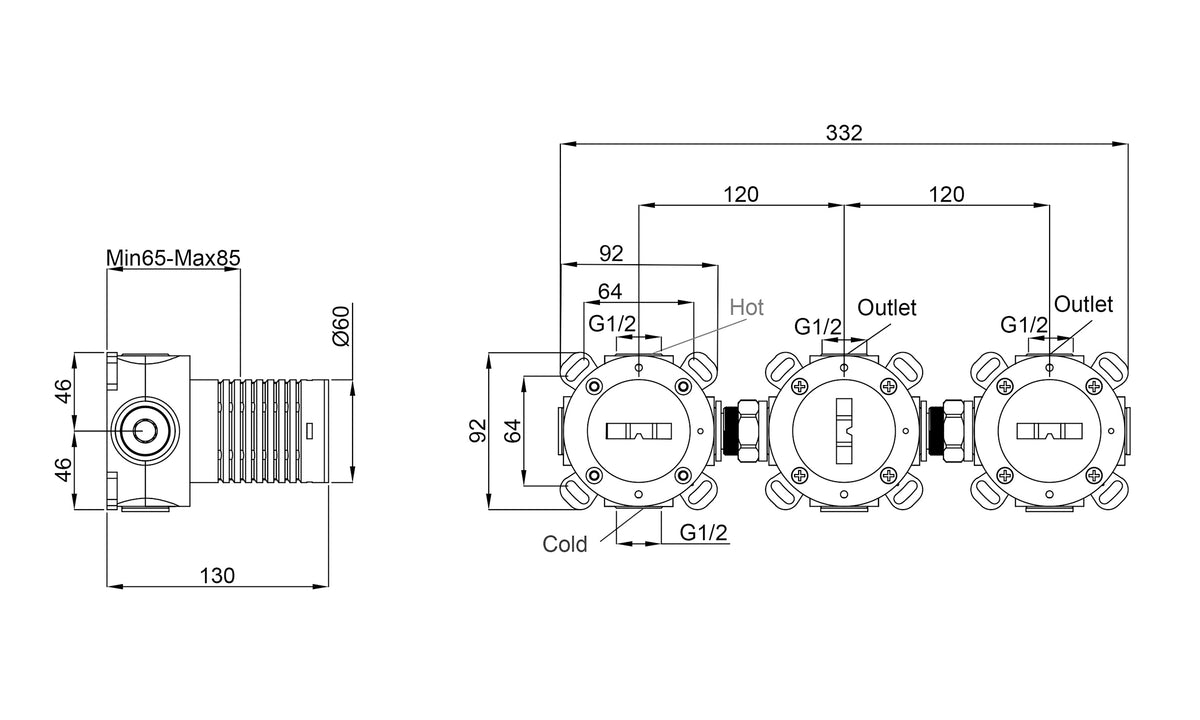 Maattekening Caral inbouwdeel thermostatische douchekraan met 2 stopkranen