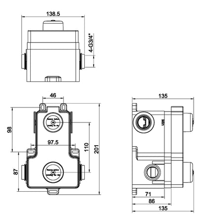 Maattekening Caral inbouwbox inbouwthermostaat 2 weg