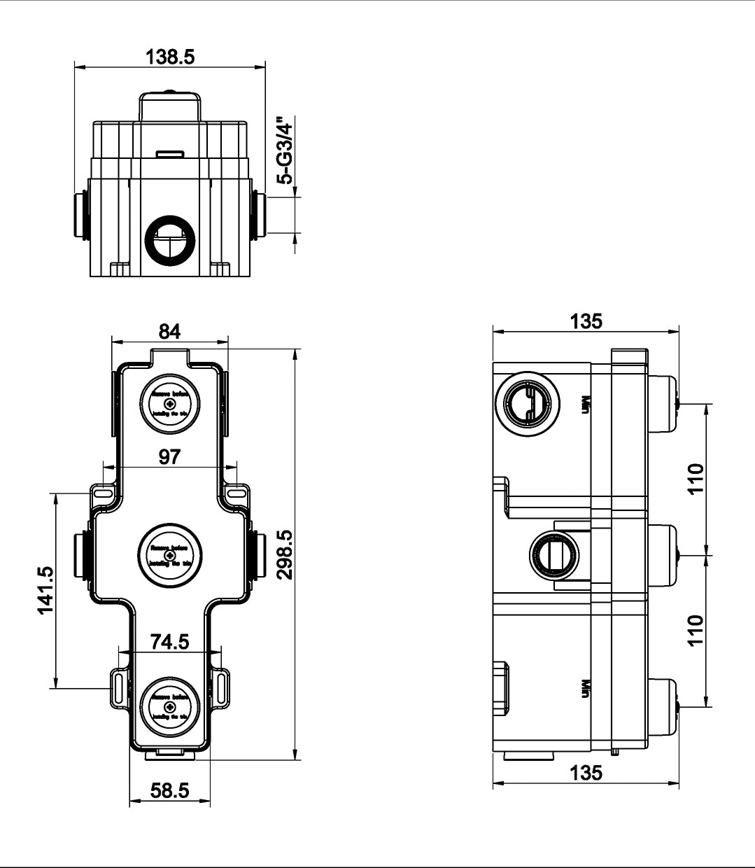 Maattekening Caral inbouwbox inbouwthermostaat 3 weg
