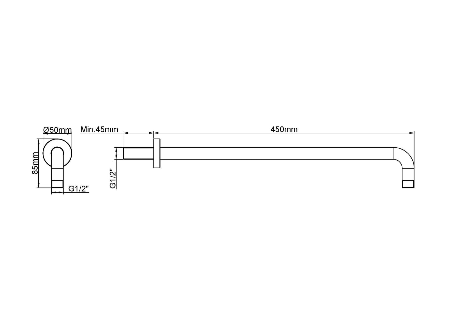 UniMatch douchearm met muurbevestiging | 45cm | Geborsteld staal PVD - WDtegels