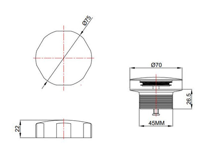 Lijntekening Doblar afbouwdeel badafvoer met overloop mat wit