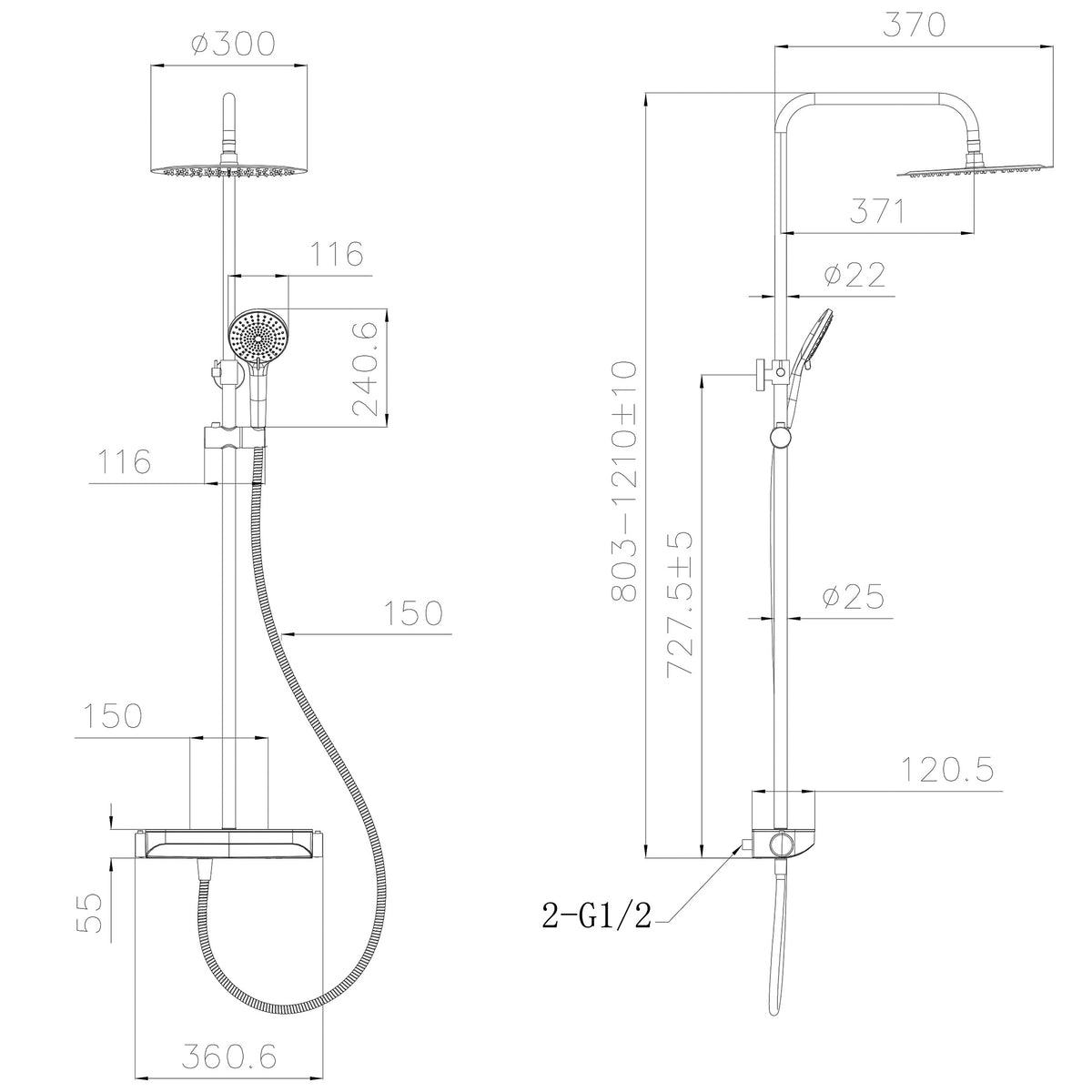 Maattekening Tondell thermostatische regendoucheset opbouw met planchet Mat zwart