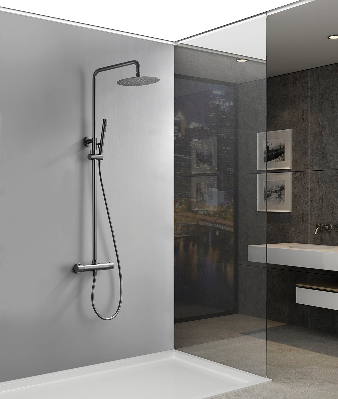 Ribbd thermostatische regendoucheset opbouw gunmetal PVD - WDtegels
