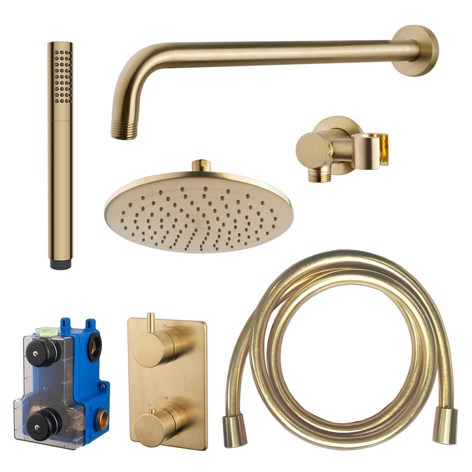 Caral inbouwthermostaat compleet met hoofddouche 25 cm en staafhanddouche geborsteld messing - WDtegels