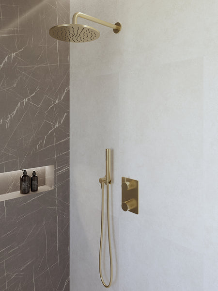 Termostato empotrado Caral completo con ducha de techo de 25 cm y ducha de mano con varilla de latón cepillado
