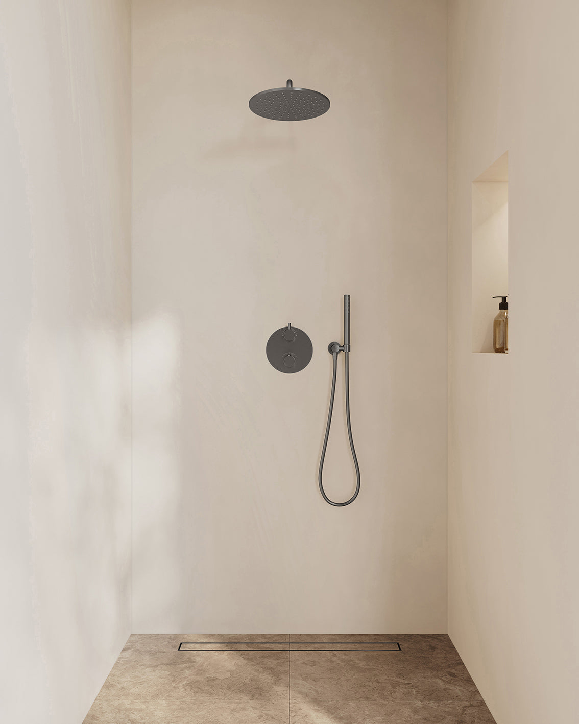 Caral inbouwthermostaat 2 weg rond compleet met hoofddouche 30cm en staafhanddouche Gunmetal