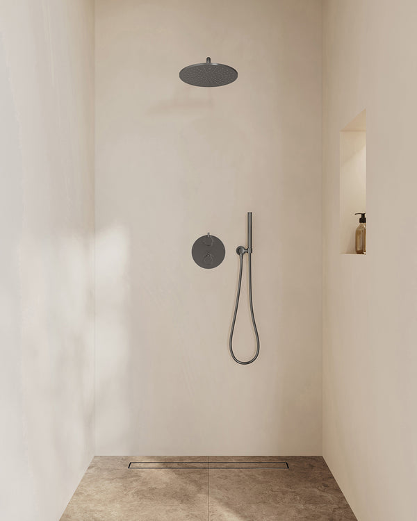 Caral inbouwthermostaat 2 weg rond compleet met hoofddouche 30cm en staafhanddouche | Gunmetal