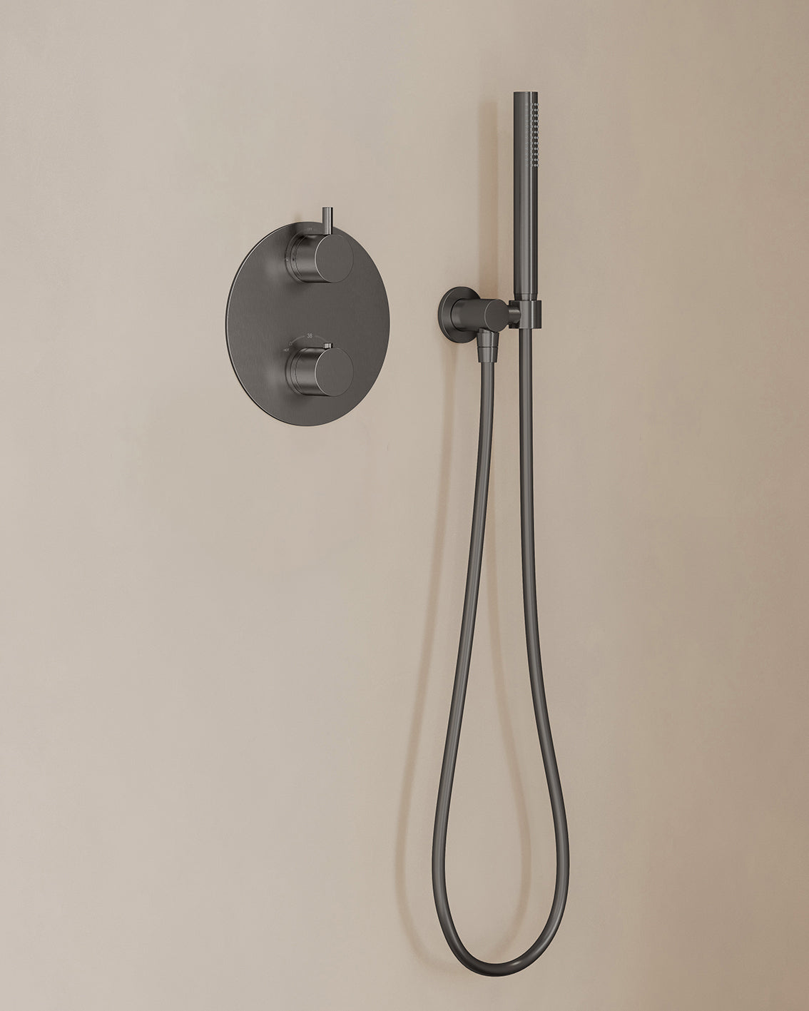 Caral inbouwthermostaat 2 weg rond compleet met hoofddouche 30cm en staafhanddouche Gunmetal - detailfoto