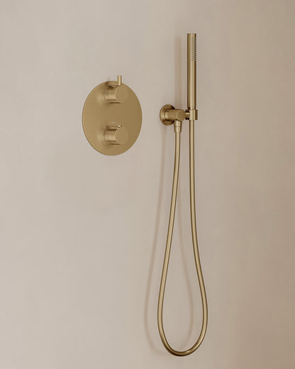 Caral inbouwthermostaat 2 weg rond compleet met hoofddouche 30cm en staafhanddouche Geborsteld messing - detailfoto
