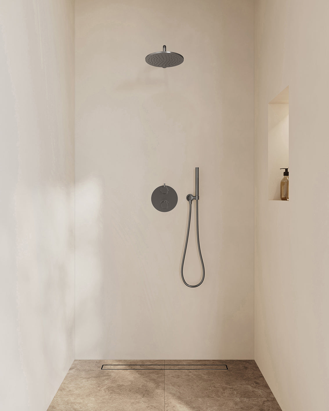 Caral inbouwthermostaat 2 weg rond compleet met hoofddouche 25cm en staafhanddouche Gunmetal