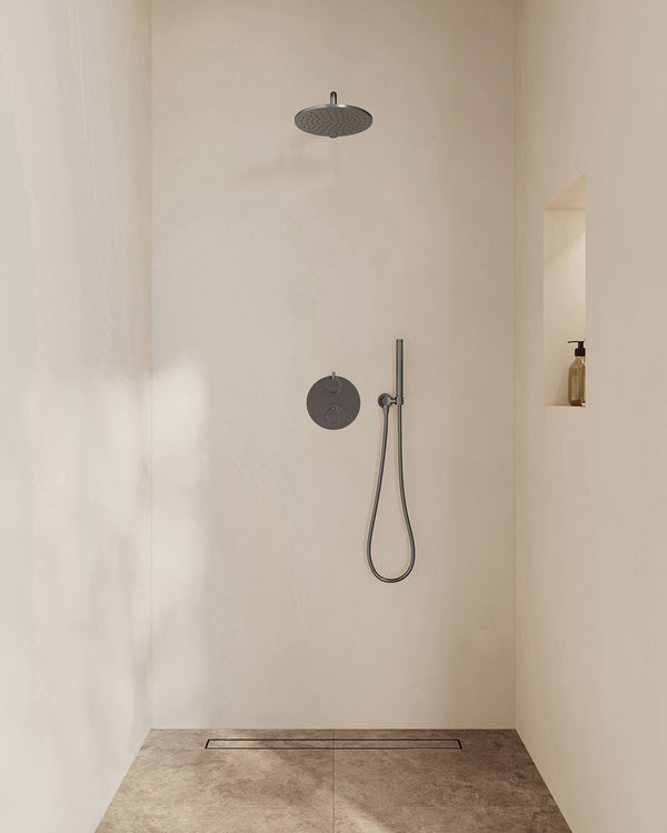 Caral inbouwthermostaat 2 weg rond compleet met hoofddouche 25cm en staafhanddouche | Gunmetal