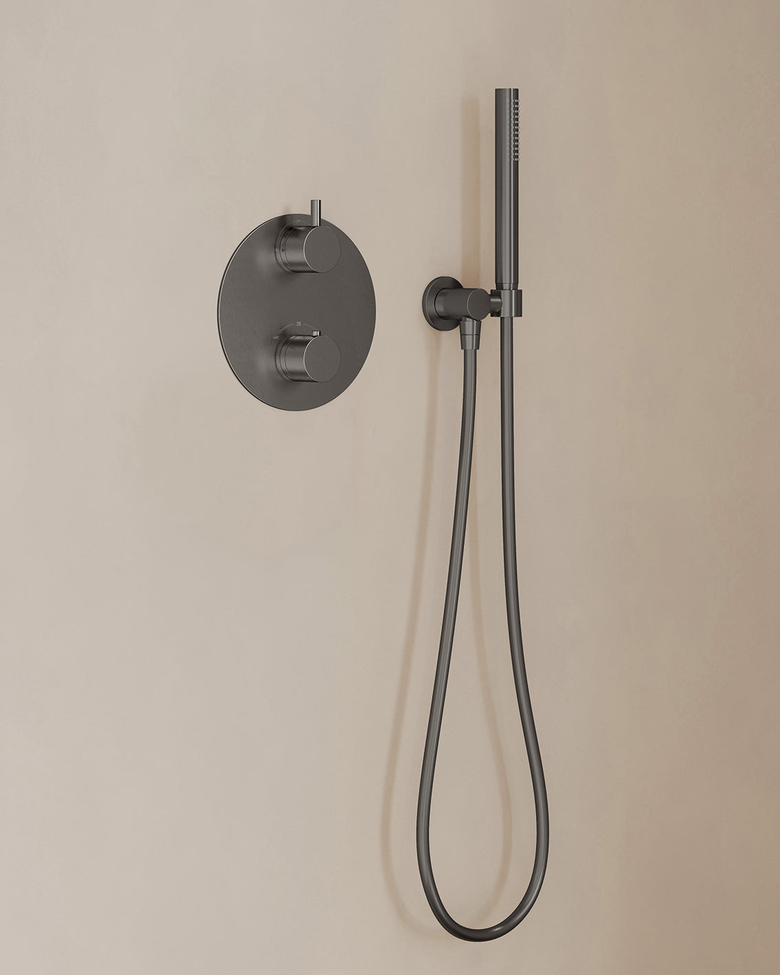 Caral inbouwthermostaat 2 weg rond compleet met hoofddouche 25cm en staafhanddouche Gunmetal - detailfoto