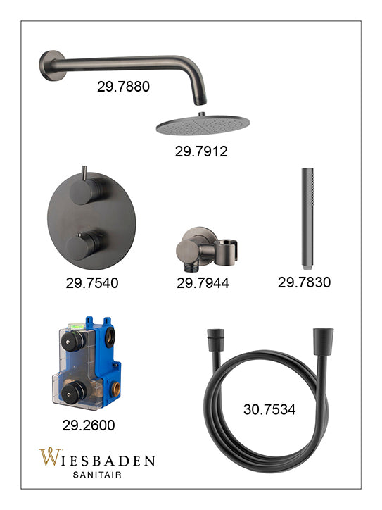Caral inbouwthermostaat 2 weg rond compleet met hoofddouche 25cm en staafhanddouche Gunmetal - sfeerbeeld