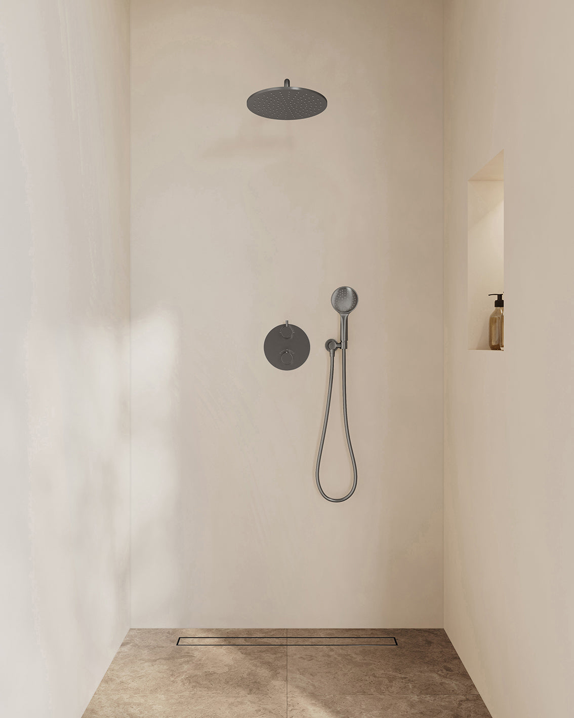 Caral inbouwthermostaat 2 weg rond compleet met hoofddouche 30cm en handdouche 3 standen Gunmetal