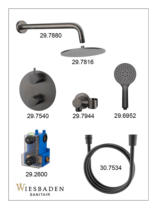 Caral inbouwthermostaat 2 weg rond compleet met hoofddouche 30cm en handdouche 3 standen Gunmetal - sfeerbeeld