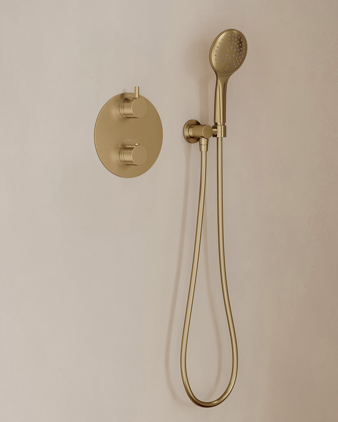 Caral inbouwthermostaat 2 weg rond compleet met hoofddouche 30cm en handdouche 3 standen Geborsteld messing - detailfoto