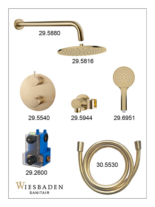 Caral inbouwthermostaat 2 weg rond compleet met hoofddouche 30cm en handdouche 3 standen Geborsteld messing - sfeerbeeld