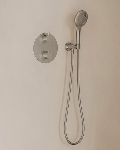 Caral inbouwthermostaat 2 weg rond compleet met hoofddouche 25cm en handdouche 3 standen Geborsteld staal - detailfoto
