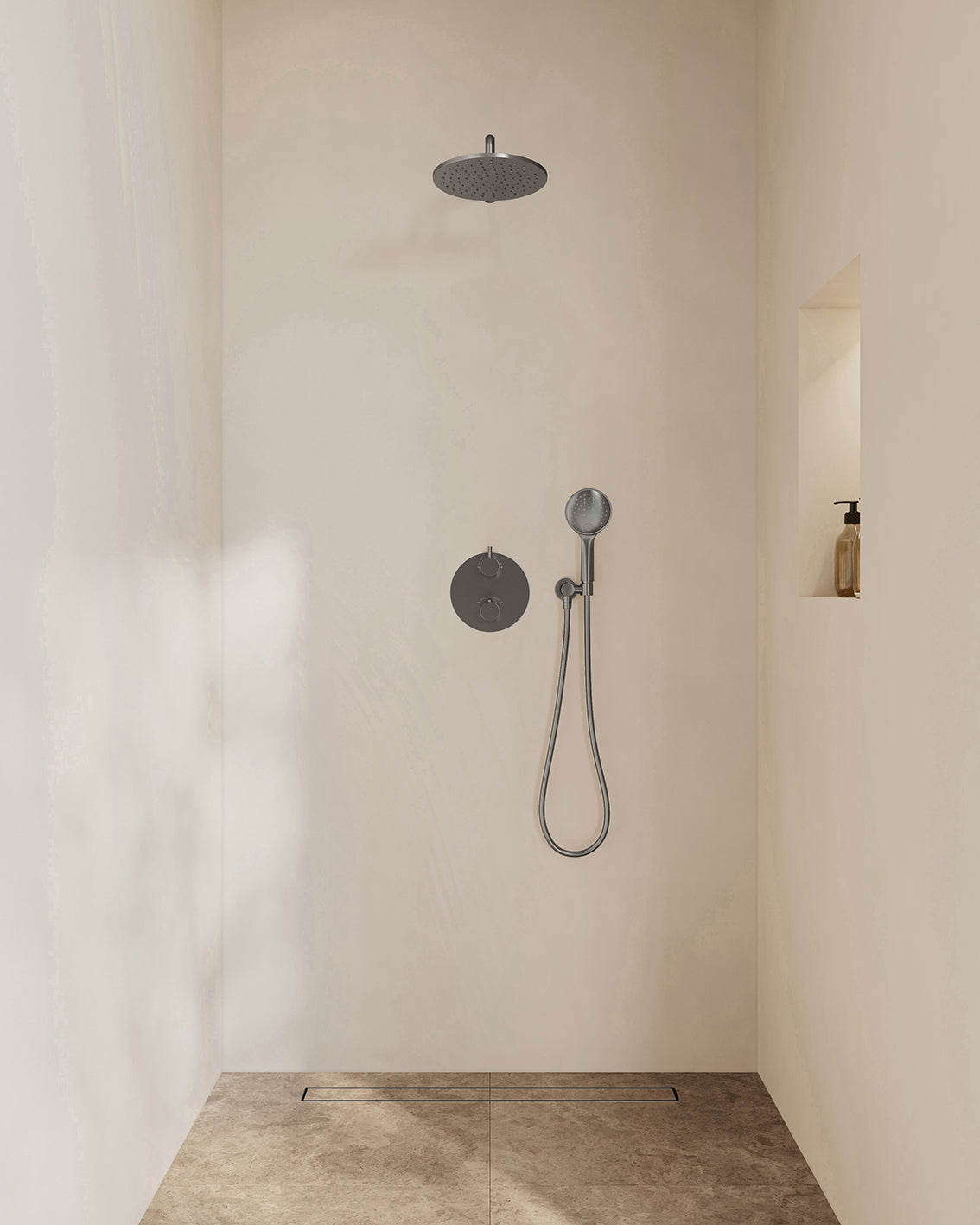 Caral inbouwthermostaat 2 weg rond compleet met hoofddouche 25cm en handdouche 3 standen Gunmetal