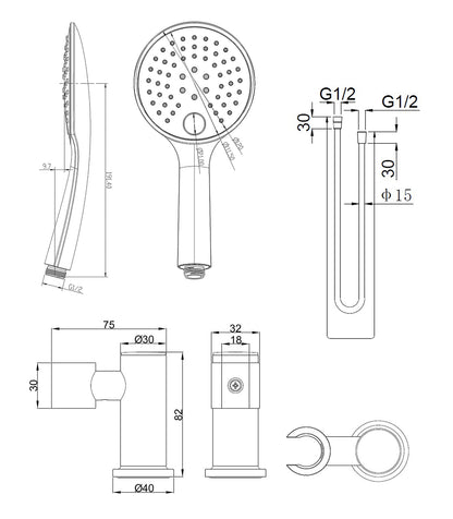 Maattekening UniMatch handdoucheset met handdouche 3 standen, doucheslang en kantelbare wandhouder Ø12cm Mat zwart