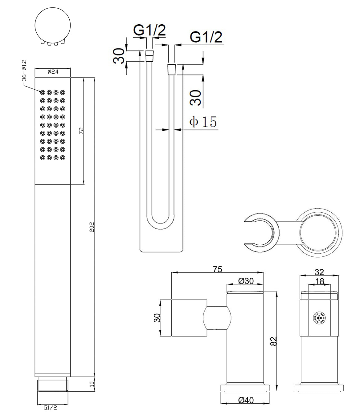 Maattekening UniMatch handdoucheset met staafhanddouche 1 stand, doucheslang en kantelbare wandhouder Geborsteld staal/mat zwart
