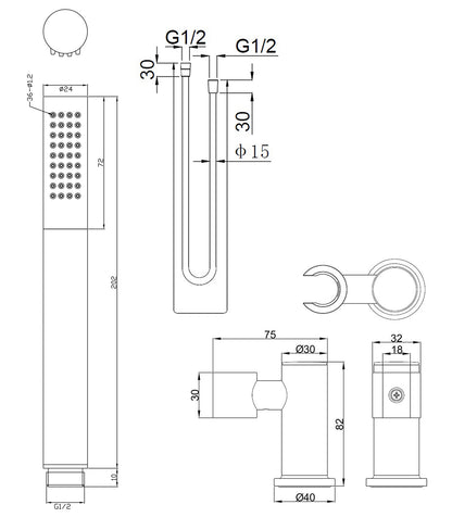 Maattekening UniMatch handdoucheset met staafhanddouche 1 stand, doucheslang en kantelbare wandhouder Geborsteld messing/mat zwart