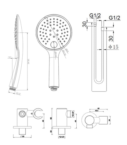 Maattekening UniMatch handdoucheset met handdouche 3 standen, doucheslang en wandaansluitbocht Ø12cm Mat zwart