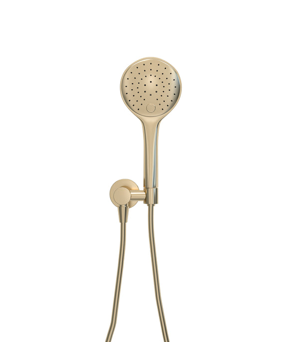 UniMatch hand shower set with 3-position hand shower, Ø 12 cm, shower hose and brushed brass wall connection elbow