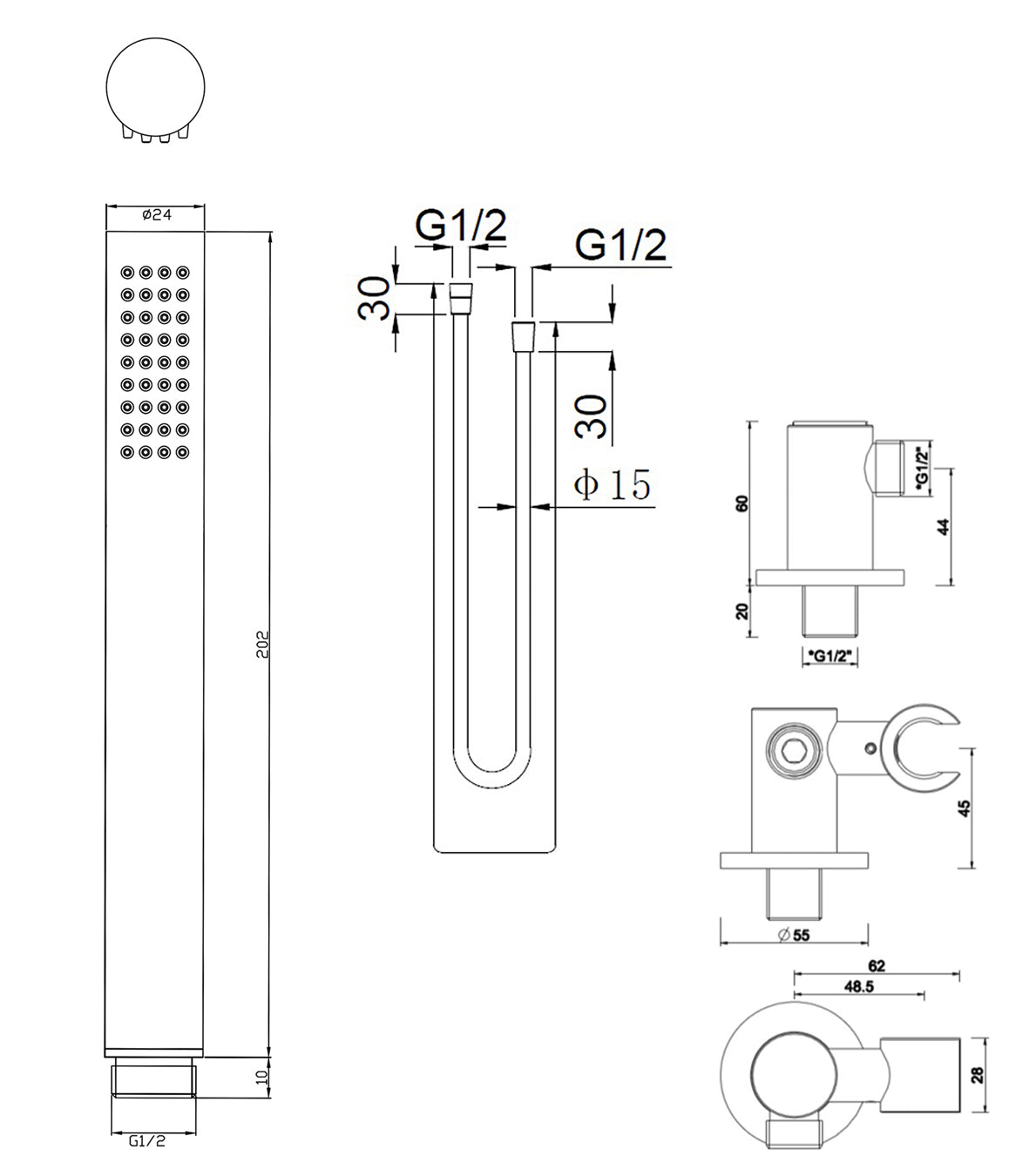 Maattekening UniMatch handdoucheset met handdouche 3 standen, doucheslang en wandaansluitbocht Ø12cm Geborsteld brons koper
