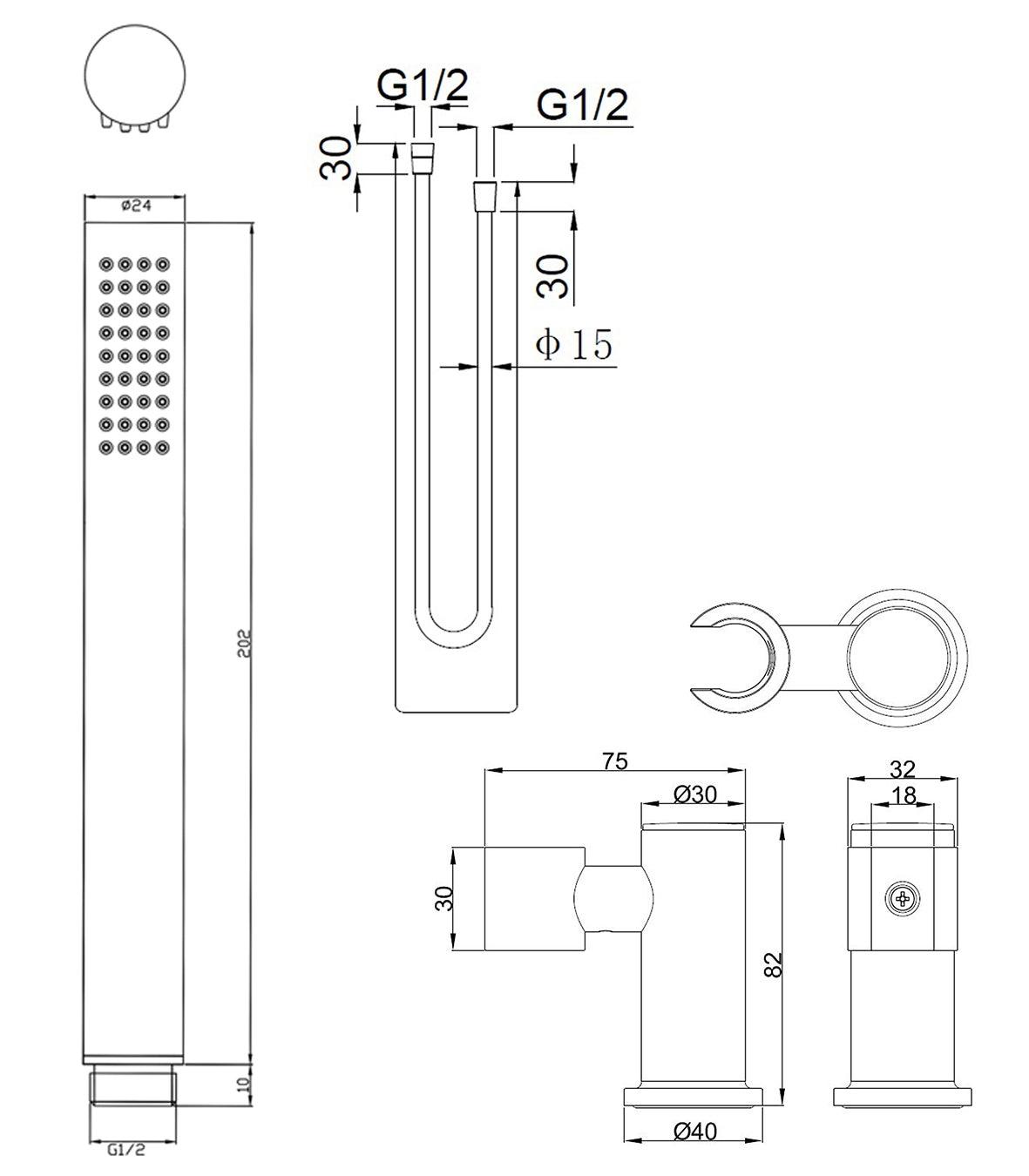 Maattekening UniMatch handdoucheset met staafhanddouche 1 stand, doucheslang en kantelbare wandhouder Chroom