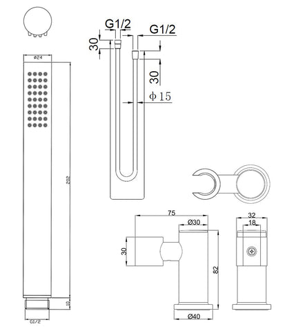 Maattekening UniMatch handdoucheset met staafhanddouche 1 stand, doucheslang en kantelbare wandhouder Chroom