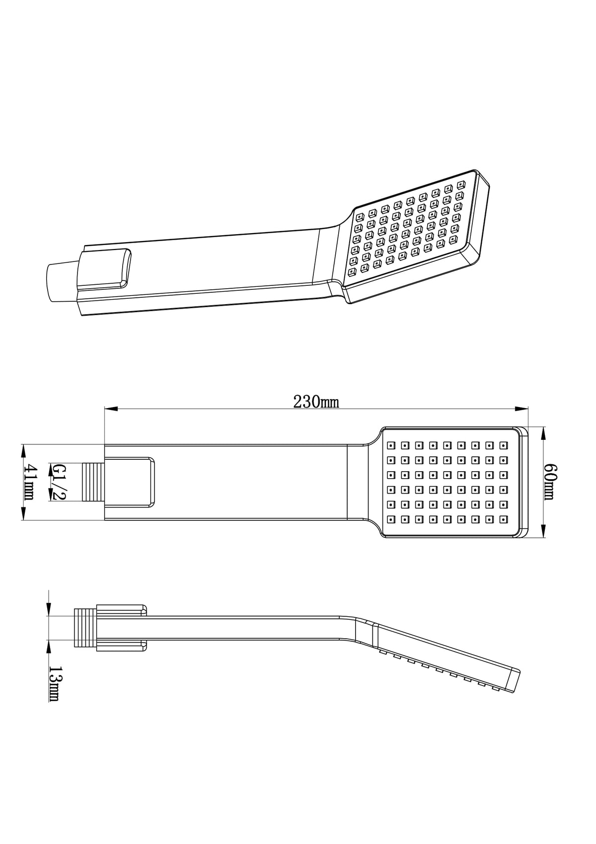 Maattekening Xellanz handdouche vierkant plat 1/2" Chroom