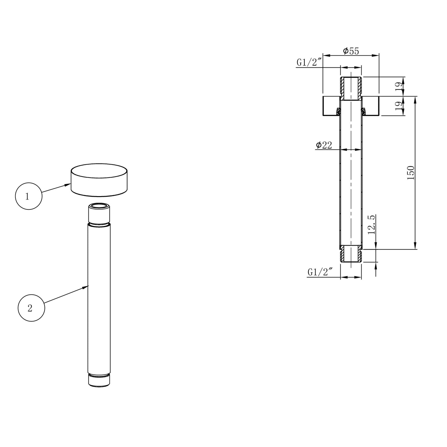 UniMatch douchearm met plafondbevestiging | 15cm | Geborsteld staal PVD - WDtegels