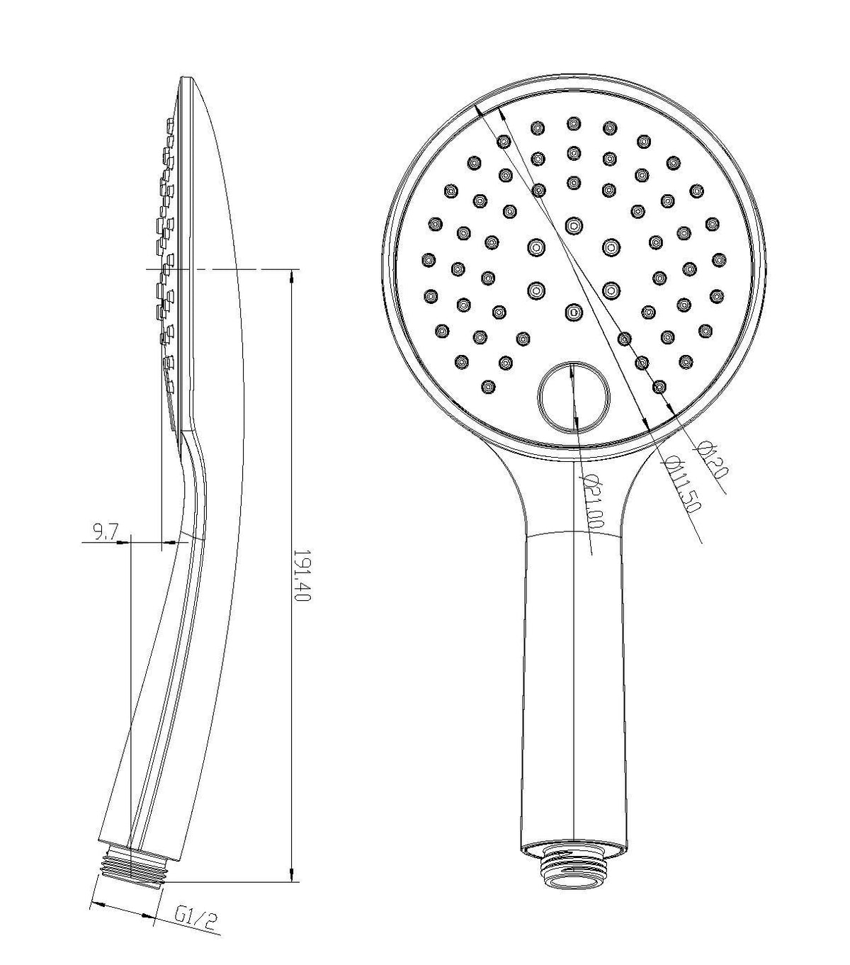 Maattekening UniMatch glijstangset compleet met handdouche 3 standen Ø12cm Chroom - tekening 2