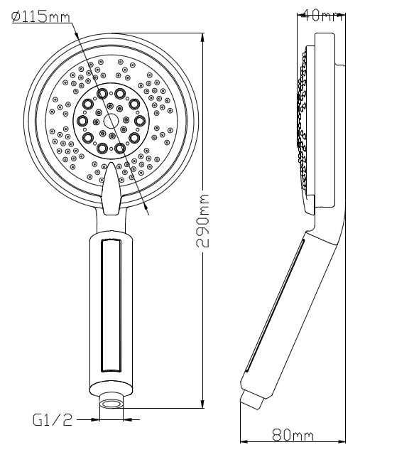 Maattekening Triton verstelbare handdouche 5 standen Ø10cm Chroom