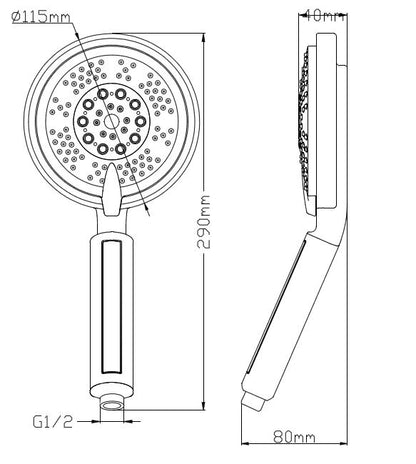 Maattekening Triton verstelbare handdouche 5 standen Ø10cm Chroom