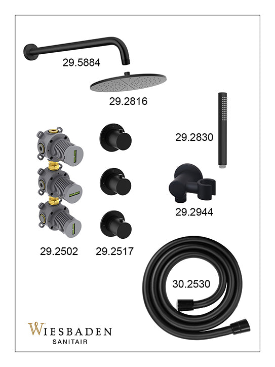 Caral inbouwthermostaat 2 stopkranen compleet met hoofddouche 30cm en staafhanddouche Mat zwart - sfeerbeeld