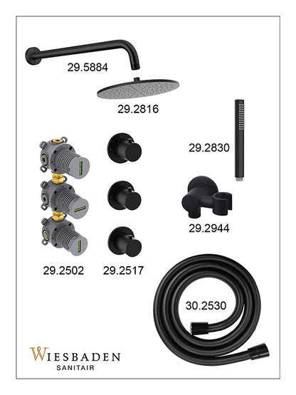 Caral inbouwthermostaat 2 stopkranen compleet met hoofddouche 30cm en staafhanddouche Mat zwart - sfeerbeeld