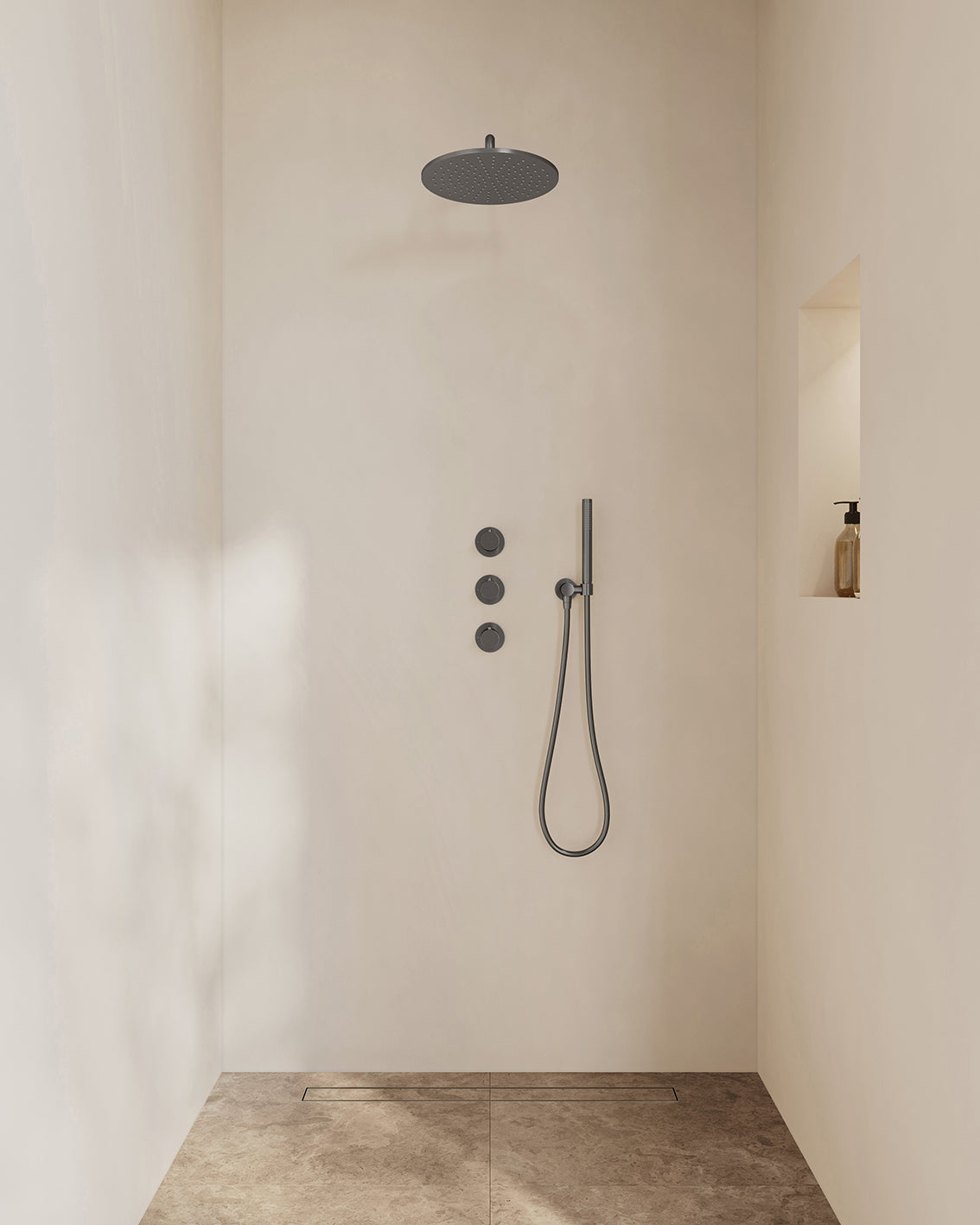Caral inbouwthermostaat 2 stopkranen compleet met hoofddouche 30cm en staafhanddouche Gunmetal