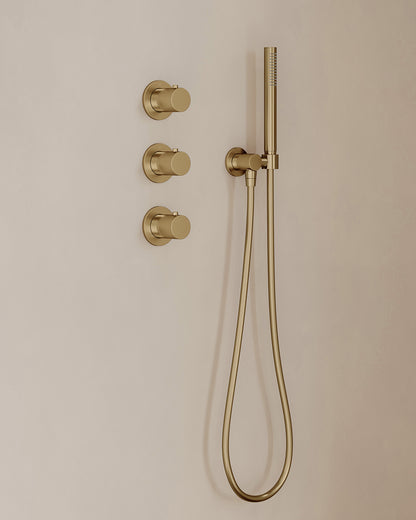 Caral inbouwthermostaat 2 stopkranen compleet met hoofddouche 30cm en staafhanddouche Geborsteld messing - detailfoto