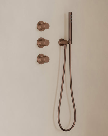 Caral inbouwthermostaat 2 stopkranen compleet met hoofddouche 30cm en staafhanddouche Geborsteld brons koper - detailfoto