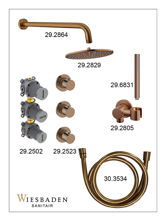 Caral inbouwthermostaat 2 stopkranen compleet met hoofddouche 30cm en staafhanddouche Geborsteld brons koper - sfeerbeeld