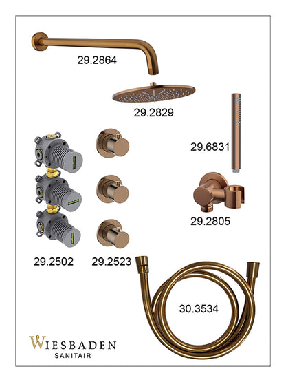 Caral inbouwthermostaat 2 stopkranen compleet met hoofddouche 30cm en staafhanddouche Geborsteld brons koper - sfeerbeeld